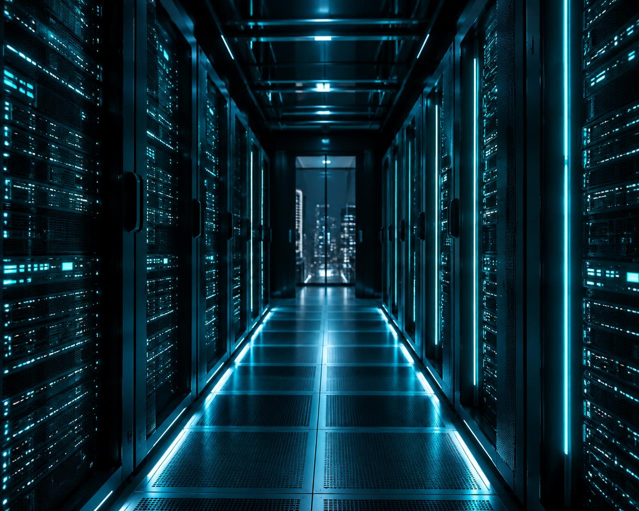 Corredor de data center com racks de servidores iluminados